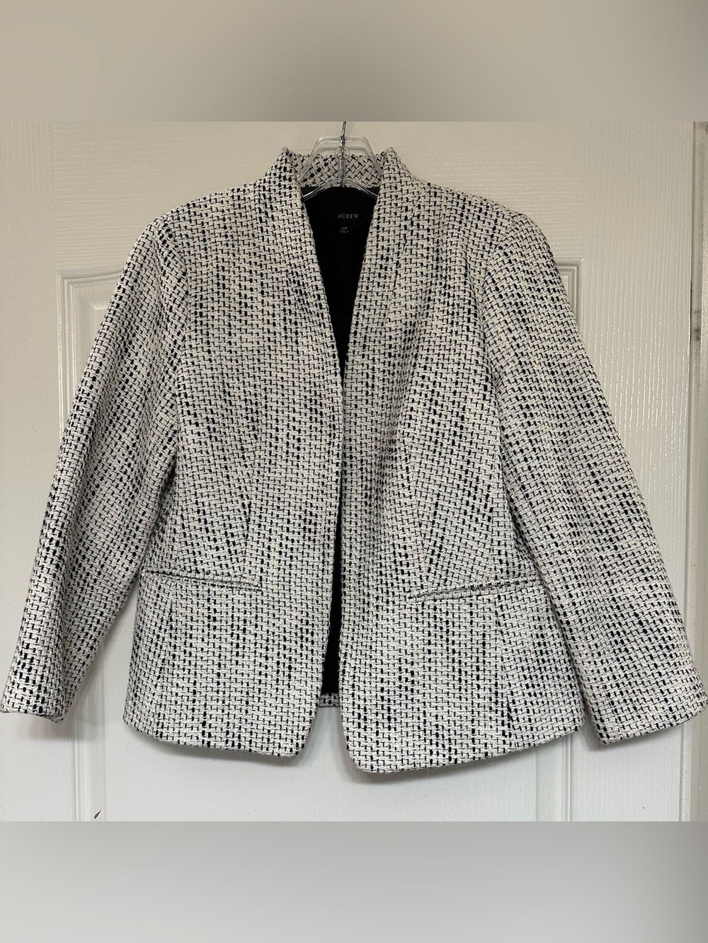 J.Crew Tweed Open Front Blazer Black White Collarless Jacket LP